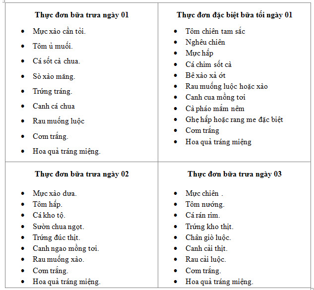 Thực đơn du lịch Cửa Lò 3 ngày